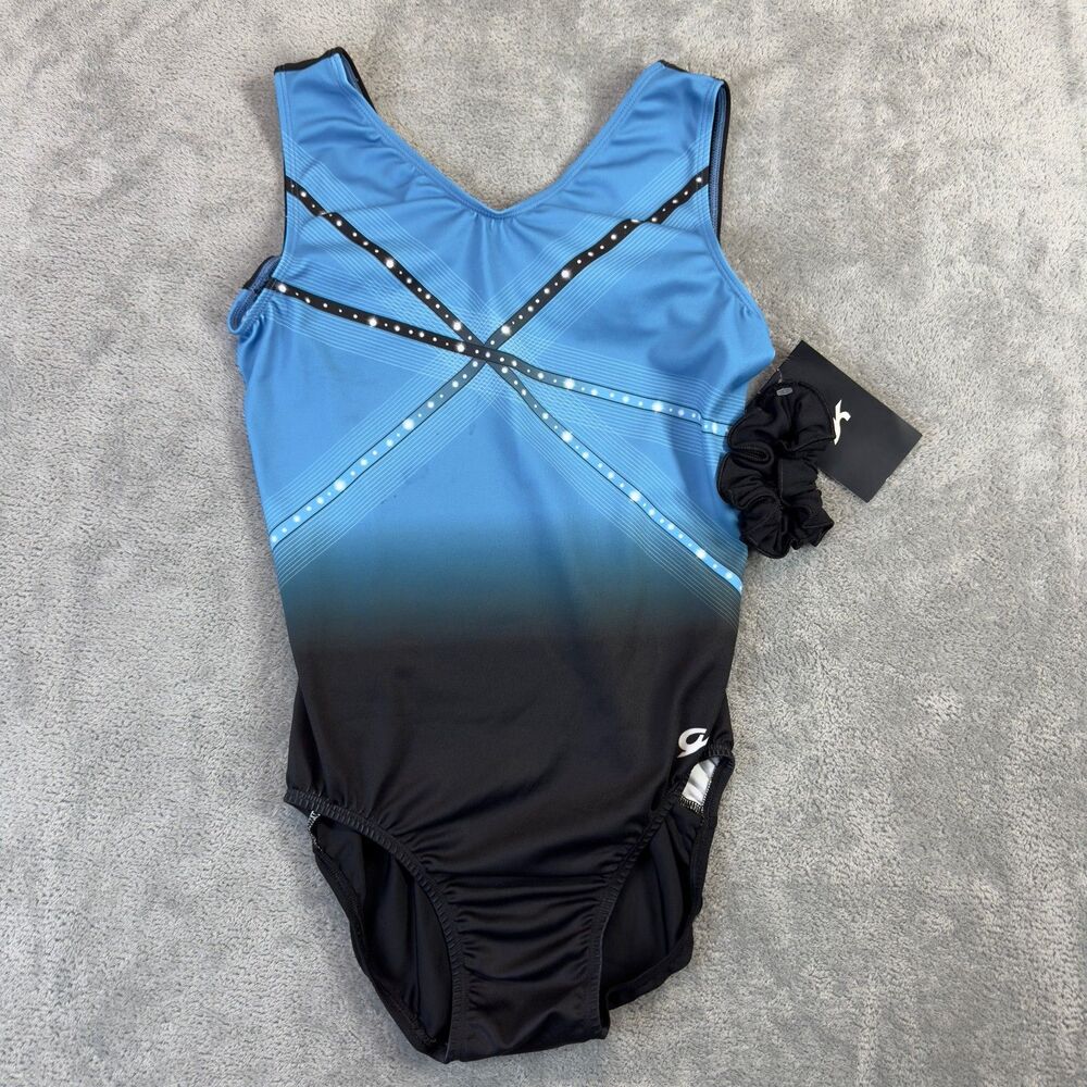 GK Elite Leotard Gymnastics Adult Large AL Blue Black Dance with Scrunchie NEW